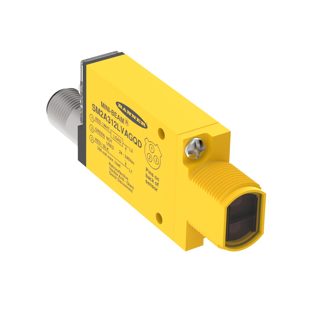 SM2A312LVAGQD - MINI-BEAM: Polarized Retro; Range: 50 mm - 2 m; Input: 24-240 V ac; Output: SPST Solid-State 2-Wire; 3-pin Micro Integral QD