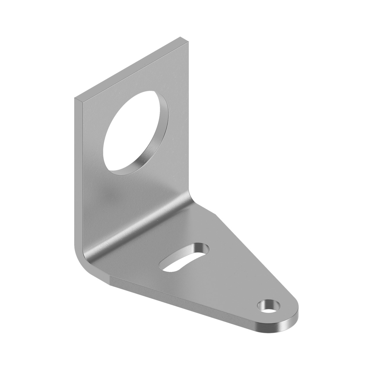 SMB18A - Bracket: 18 mm Right-Angle-mount; Material: 11 Gauge Stainless Steel; Curved mounting slot for versatility/orientation; Clearance for M4 #8 h