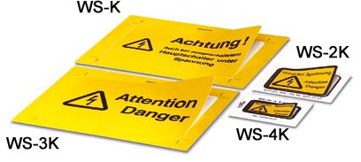 WS-4K    Adhesive warning plate, self-adhesive, black print: lightning flash with mixed verson - "Vo