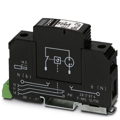 F-MS 12/FM    Surge arrester type 2, consisting of base element with remote indicator contact and protective plug with N-PE total current spark gap fo