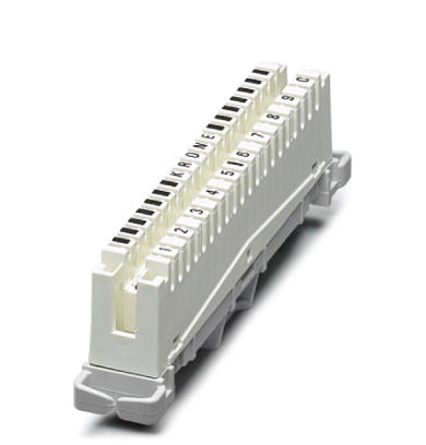 CT 10-TL    LSA-PLUS disconnect strip to hold the CTM and CT 10 protection modules. Version: 10 double conductors, dimension A: 124 mm.