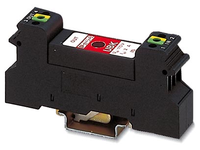 UBK 2-500    DIN rail module with coarse surge protection for two signal wires. Self-contacting grounding foot for mounting on NS 32 or NS 35/7.5, hou