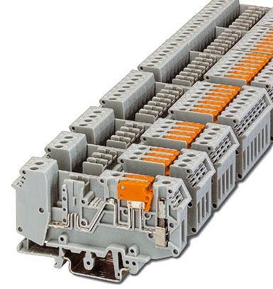 URELG 3-PMTK    Basic termination blocks with test connection on both sides and knife disconnection for NS 32 and NS 35/7,5 DIN rail, with end cover,
