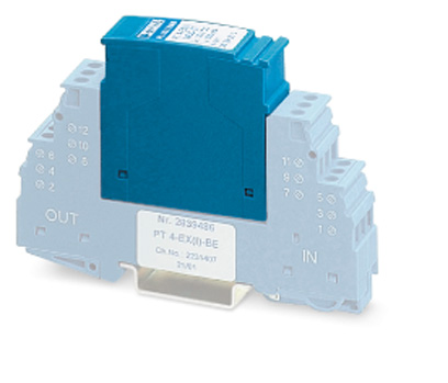 PT 4-EX(I)-24DC-ST    Protective plug PT with protective circuit for a 4-core floating EEx ia signal circuit. Nominal voltage: 24 V DC