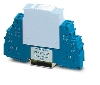 PT 4-EX(I)-BE    Base element for protective plug PT with protective circuit for a 4-core floating EEx ia signal circuit. Nominal voltage: 24 V DC, fo