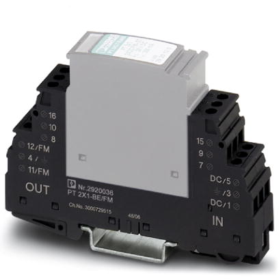 PT 2X1-BE/FM Base element to accept a protective plug with diagnostic and status indicator for two signal wires with common reference potential.