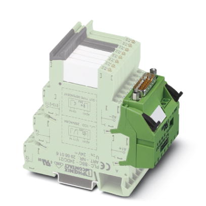 PLC-V8/D15S/OUT    V8-OUTPUT adapter for eight 6.2 mm PLC interfaces (1 PDT, etc./see "Additional Products"). 15-pin D-SUB male connector, control log