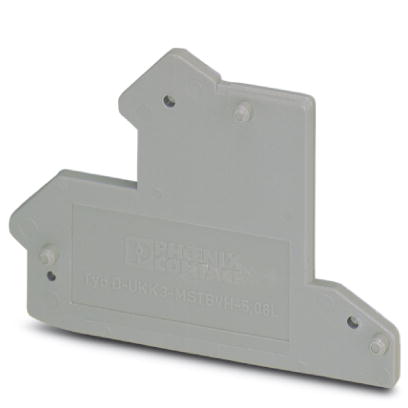 D-UKK 3-MSTBVH-5,08 L    End cover for modular terminal blocks, Length: 56.7 mm, Width: 2.5 mm, Height: 52.3 mm, Color: gray