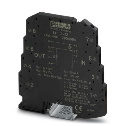 LIT 2-12    Surge protection in one-piece 6.2 mm wide DIN rail module for two floating signal wires.