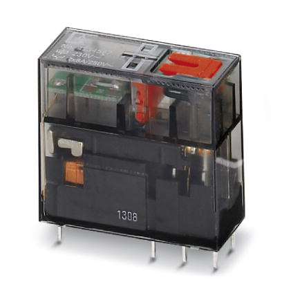 REL-MR-230AC/21-21AU/MS    Plug-in miniature relay, with power contact and additional hard gold plating, 2 PDTs, test button, mechanical switch positi